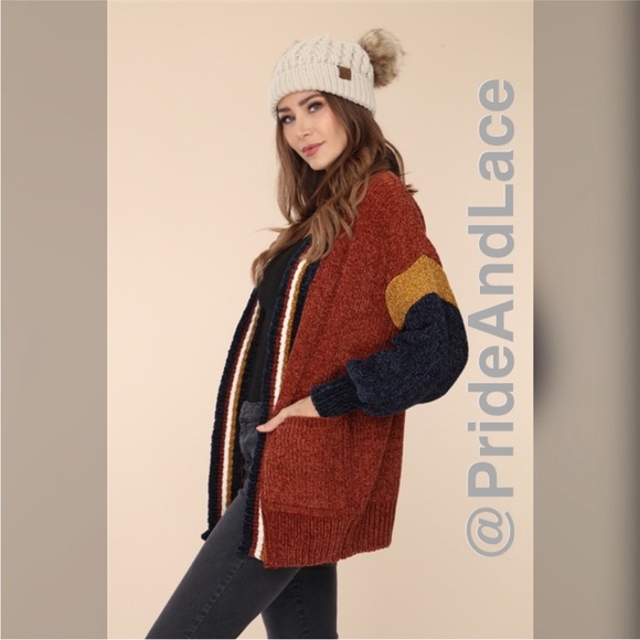 BRICK MULTI STRIPED CHENILLE CABLE KNIT CARDIGAN - Picture 3 of 6